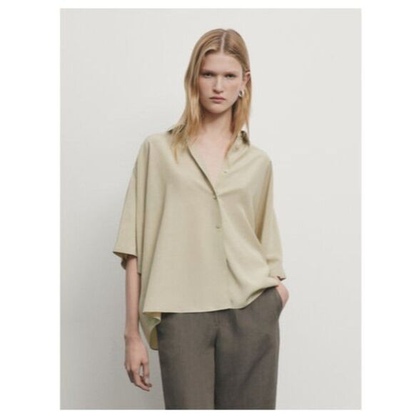 Massimo Dutti Womens Boxy Shirt blouse XS Green Flowing wide sleeve 5115/577 NWT - Picture 1 of 13